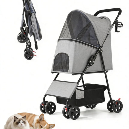 Pet Stroller for Small Medium Dogs Cats - Lightweight 10lbs Foldable Dog Stroller, Breathable Mesh & Safety Tether, 33lbs Capacity with Locking Wheels, Storage Basket for Outdoor Walks-Gray