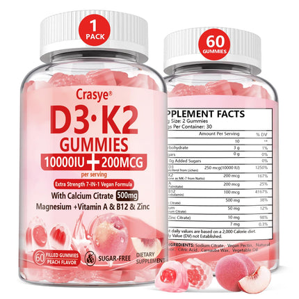 Crasye Vitamin D3 K2 Gummies 10000 IU with 500mg Calcium Magnesium Zinc Gummy Sugar Free ADK+Vitamin B12 Supplements for Women and Men Bones, Muscles, Teeth Peach Flavor - 60 Gummies - 30 Servings