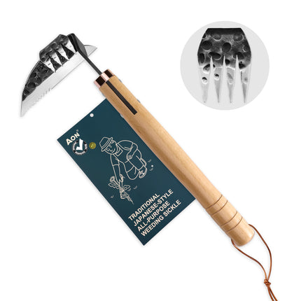 AON Japanese Weeding Sickle & Hand Hoe, 4-Tine Uprooting Garden Tool