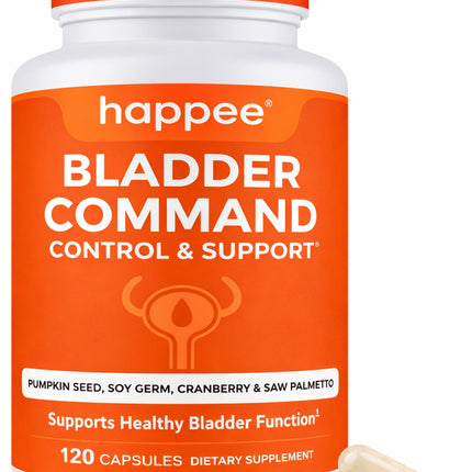 Happee Bladder Control Supplement for Women & Men - 120 Capsules with Pumpkin Seed Extract, Soy Germ Extract, Saw Palmetto & Cranberry | 4-in-1 Bladder Support for Urinary Frequency, Leaks & Urgency