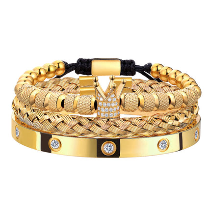 WFYOU 3PCS Stainless Steel Imperial Crown Bracelets for Men Gold Roman Numeral Bangle Bracelet Adjustable Cuff Bracelet Mens Luxury Jewelry Gifts (01:Gold-Cubic Zirconia)