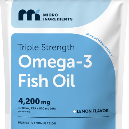 Micro Ingredients Triple Strength Omega 3 Fish Oil Supplements 4200mg Per Serving, 120 Softgels – Lemon Flavored – Burpless | EPA 1200mg + DHA 900mg | Deep Sea Fish