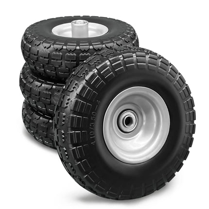 4 Pcs 4.10/3.50-4 Flat Free Tires and Dolly Wheel,10" Solid Non-inflated Tires Wheels with 5/8 Ball Bearings, 2.24" Offset Hub for Wheelbarrow, Wagon Carts, Trolley, Hand Truck, Various Tool Carts