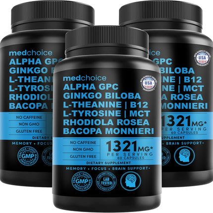 12-in-1 Nootropic Brain Supplement Anhydrous: Ginkgo Biloba for Brain Support, Memory and Focus - B12, Alpha GPC, L Theanine and Choline Supplements with Bioperine non Caffeinated 1321mg (180ct)