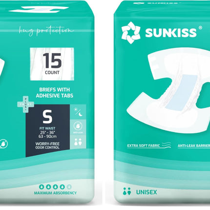 SUNKISS TrustPlus Adult Diapers with Maximum Absorbency, Unisex Disposable Incontinence Briefs with Tabs for Men and Women, Odor Control, Small, Previously XSmall, 15 Count (Pack of 2)