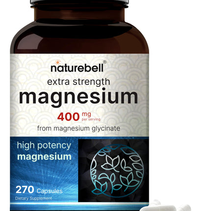 NatureBell Magnesium Glycinate 400mg Elemental, 270 Capsules | 100% Chelated for High Absorption | Supports Muscle, Bone & Heart Health | Non-GMO, Gluten-Free, Vegan