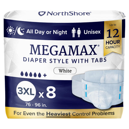 NorthShore MegaMax 12-Hour HBL Adult Diapers for Heavy Bladder Leaks, 3X-Large, 8 Count, White, 76-96 inches, Tab-Style Incontinence Underwear for Men, Women & Teens