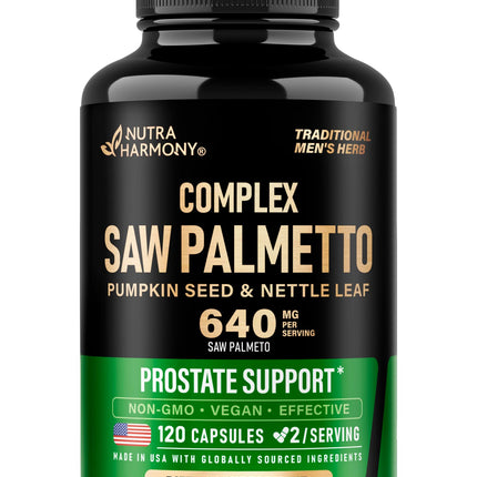 Saw Palmetto for Men 640mg - Pumpkin Seed | Nettle | Zinc & Pygeum - Prostate Health & Urinary Supplement - DHT Blocking & Hair Support - 45% Fatty Acids, Clinical Strength - 120 Capsules