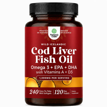 Icelandic Wild Caught Cod Liver Oil Softgels - Fish Omega 3, EPA, DHA, Vitamin D & A, 1000mg Per Serving - Burpless Capsules for Healthy Heart, Healthy Joints, Brain & Immune Support - 240 Count