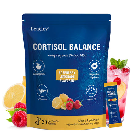 Calm Cortisol Reducer Powdered Drink Mix, Cortisol Reducer and Sleep Aid Supplement with Magnesium Glycinate, Ashwagandha, L-Theanine, Vitamin D 3 for Sleep & Relaxation, 30 Ct (Raspberry Lemonade)