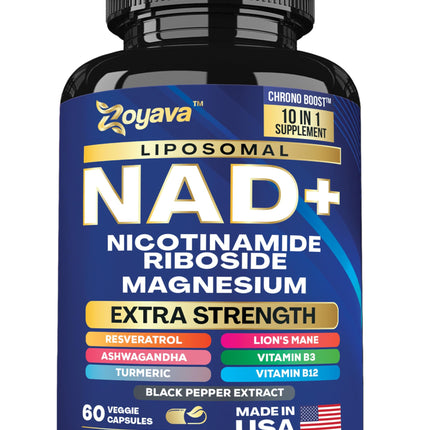 NAD+ Supplement Extra Strength with Vitamin B3, B12, Magnesium, Niacinamide, Liposomal NAD, Lion’s Mane, Ashwagandha, Turmeric, Black Pepper Extract, Made in USA - 10-in-1 60 Veggie Capsules
