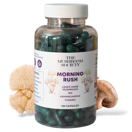 The Mushroom Society Morning Rush - Lion’s Mane, Ashwagandha, Turmeric & B12 Extract Blend - Mushroom Supplement for Focus & Energy Support - 120 Vegan Capsules