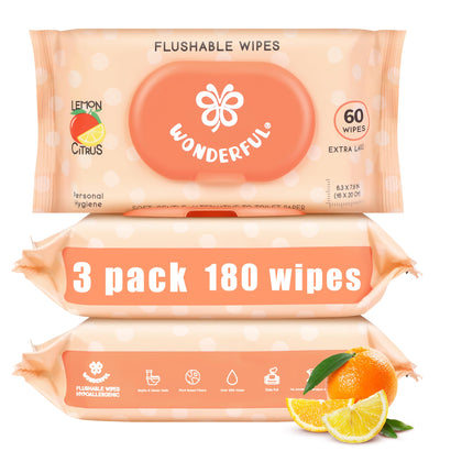 WONDERFUL Flushable Butt Wipes, Lemon Citrus 100% Plant-Based Wet Wipes for Adults & Kids; Sewer, Septic Safe; Gentle on Sensitive Skin, Wipes Flushable Pack for Bathroom & Travel, 3-Pack (180 Count)