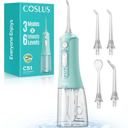 COSLUS Portable Water Flosser for Teeth: 3 Modes & 6 Pressure Settings with Jet Mode Water Dental Pick for Orthodontic, Braces, Sensitive Gums, Compact for Travel, 300ML for Multiple Users, Green C51