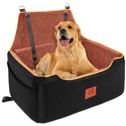 XIEEAOZEE Dog Car Seat for Large/Medium Dog, Booster Seat for Dogs Under 55Lbs or 2 Small, Detachable and Washable Travel Pet Seat with Thick Cushion and Storage Pockets (Black/Brown)