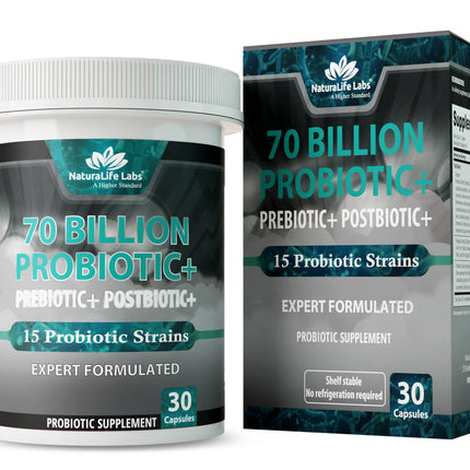 NaturaLife Labs Probiotics 70 Billion CFU – 15 Strains with Organic Prebiotic & Postbiotic – 3-in-1 Formula – 30 Vegan Capsules
