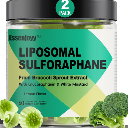 ESSENJOYY Liposomal Sulforaphane Supplement Gummies 150mg - Organic Broccoli Sprout Extract Supplement with Glucoraphanin, White Mustard for Antioxidant, Detox - Sugar Free, Lemon Flavored,120 Counts