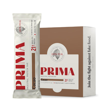 Prima Ancestral Protein Bar | 21g Grass Fed Whey + Collagen | Beef Tallow, Raw Honey | Seed Oil Free | Cacao - 7 Pack