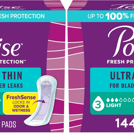 Poise Ultra Thin Incontinence Pads & Postpartum Pads for Bladder Leaks, 3 Drop Light Absorbency, Regular Length, Packaging May Vary,144 Count (Pack of 2)