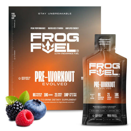 Frog Fuel Ultra Energy Gel & Pre Workout Shot with 1500mg Beta Alanine, Electrolytes 8g Protein Nano-Hydrolyzed Grass Fed Collagen, 10g Carbs, Gluten Free, Fat Free, Berry, 1.2 oz Packets, 24 Pack