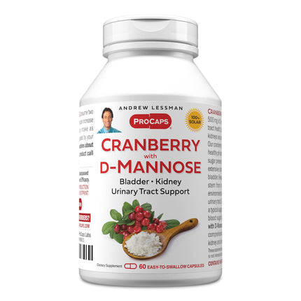 ANDREW LESSMAN Cranberry with D-Mannose - 60 Capsules - Supports Bladder, Kidney and Urinary Tract Health. High Potency Standardized Cranberry Concentrate and D-Mannose. Easy to Swallow Capsules