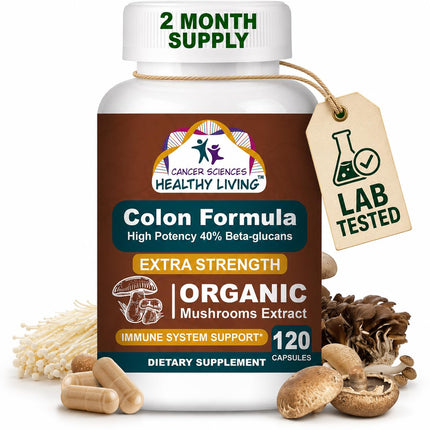Colon Wellness Supplement, USDA Certified Organic Mushrooms Extract, Extra Strength 1,500 mg, High Potency 40% Beta-Glucans, Immune, Gut & Digestive, Colon Cleanse & Detox, 120 Caps