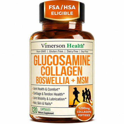 Glucosamine Chondroitin with 1200mg Hydrolyzed Collagen Peptides, Boswellia Extract, Quercetin, Bromelain, MSM – Hair Skin Nails and Joint Supplement for Women & Men – FSA Eligible 120 Capsules
