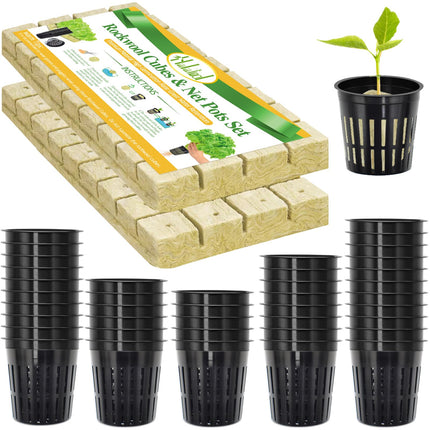 Halatool 72PCS 1.2" Rockwool Cubes & 56PCS 2" Net Cups for Hydroponics