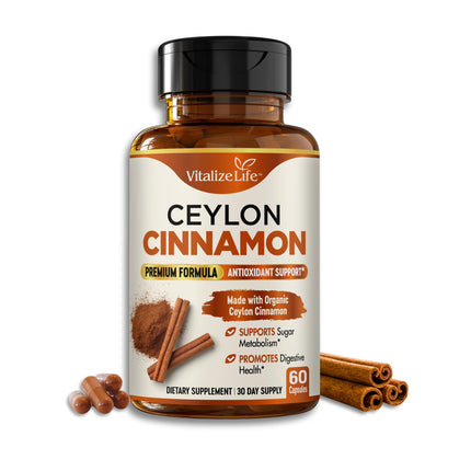 Vitalize Life Ceylon Cinnamon Capsules 1200mg – Made in USA – Certified Organic Cinnamon Supplements – Supports Healthy Metabolism and Glucose Balance – 60 Vegan Pills