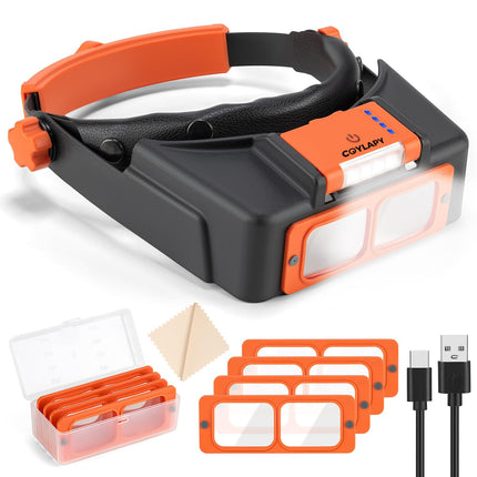Headband Magnifier with Light, Rechargeable Magnifying Glasses for Close Work, 1.5X - 3.5X Magnify Headset with 4 Lenses, Jewelers Magnifying Glass Loupe Visor for Repair,Crafts, Hobby