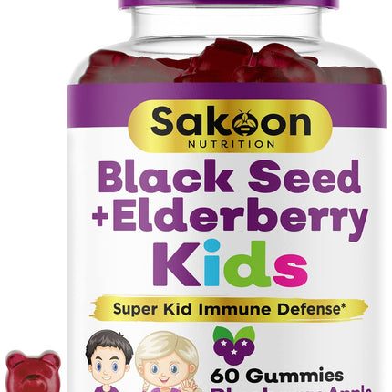Sakoon nutrition Elderberry & Black Seed Oil Gummies for Kids, Immune Support, with Vitamin C and Zinc, Delicious Berry Flavor, 60 Gummies