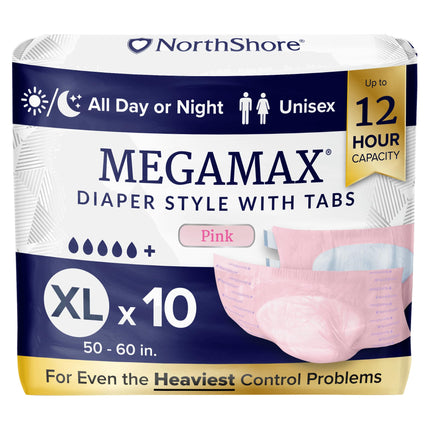NorthShore MegaMax 12-Hour HBL Adult Diapers for Heavy Bladder Leaks, X-Large, 10 Count, Pink, 50-60 inches, Tab-Style Incontinence Underwear for Men, Women & Teens