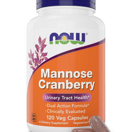 NOW Foods Mannose Cranberry, 120 Veg Capsules - with PAC - 450mg dMannose, 250mg Whole Cranberry - Bladder Cleanse and Urinary Tract Health* - Vegan Friendly Supplement, Non-GMO