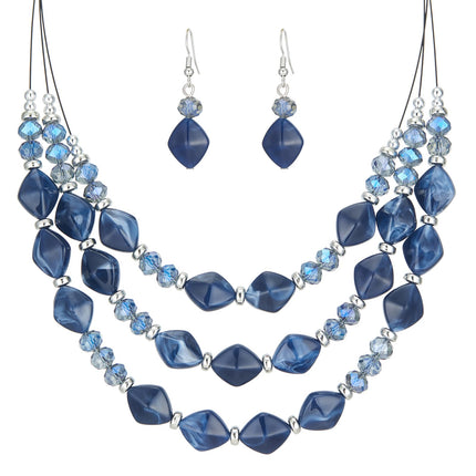 3 Layered Chunky Statement Necklace for Women Beaded Strand Necklaces with Earring Fashion Costumes Collar Necklace Jewelry Sets Gifts for Women(Blue)