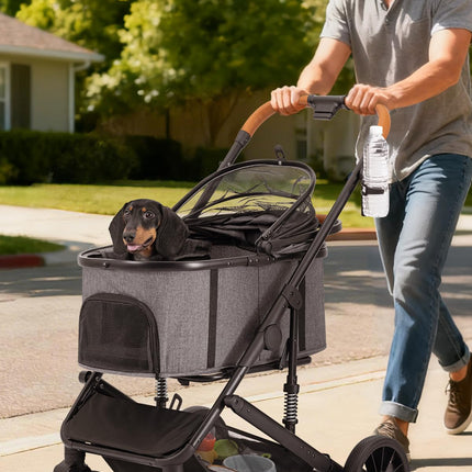 SUNTHX Dog Stroller for Small Medium Dogs Up to 60lbs, 4 Wheels Folding Pet Stroller with Detachable Carrier, Pet Travel Carrier for 2 Dogs & Cats, Storage Basket, Breathable, Grey