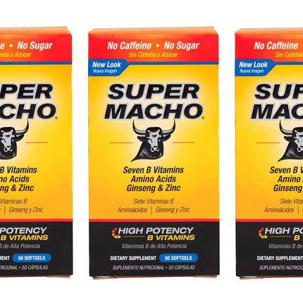 Super Macho Dietary Supplement with High Potency Zinc & 7 B Vitamins, No Preservatives, Sugar or Caffeine, Made in USA, 50 Softgels (3 Pack)
