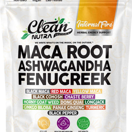 Clean Nutraceuticals Ashwagandha Maca Root Fenugreek Supplement with Tongkat Ali Ginseng - Assists with Stress, Mood & Thyroid - Ashwagandha Capsules Fenugreek Caps (120 Count (Pack of 1))