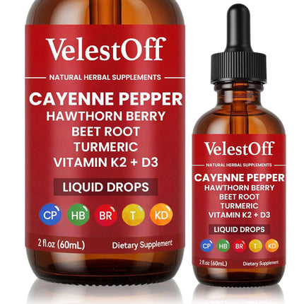 VelestOff Cayenne Pepper Drops - VelestOff Cayenne Circulation Blood Pressure Blend - Cayenne Pepper Hawthorn Beet Root Turmeric Vitamin K2 D3-2 OZ (1 PCS)