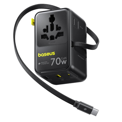 Baseus 70W Universal Travel Adapter, 6-in-1 International Plug Adapter with Retractable Cable, USB-C PD Fast Charging Worldwide Wall Charger for USA/EU/UK/AUS and Over 200 Countries - Enercore CG11