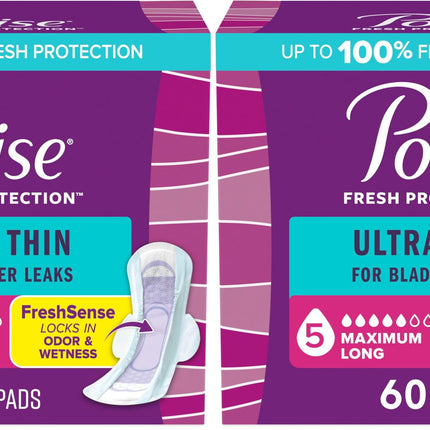 Poise Ultra Thin Incontinence & Postpartum Pads with Wings for Bladder Leaks, 5 Drop Maximum Absorbency, Long Length, Packaging May Vary, 60 Count (Pack of 2)
