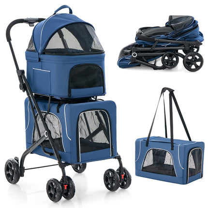 HAPPAWS Pet Stroller with Detachable Carriers, Adjustable Cat Stroller for Small & Medium Pets, 4-in-1 Cat Carriers with Safety Belt and Lockable Wheels, Navy Blue
