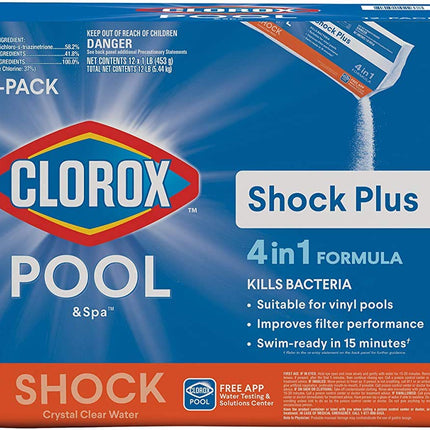 Clorox® Pool&Spa™ Shock Plus, for Crystal Clear Swimming Pool Water, Swim-ready in 15 minutes, Suitable for vinyl pools 12 Count (Pack of 1)