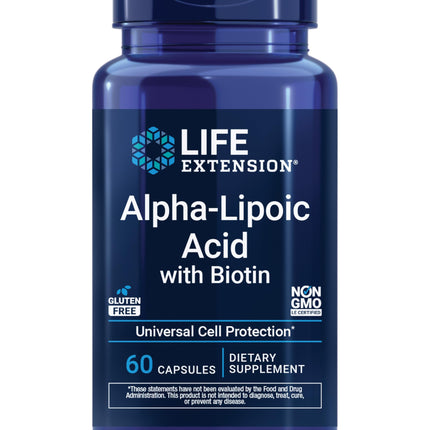 Life Extension Alpha-Lipoic Acid with Biotin, for Cell Protection, Universal antioxidant for Liver & Nerve Health, Gluten-Free, Non-GMO, 60 Capsules