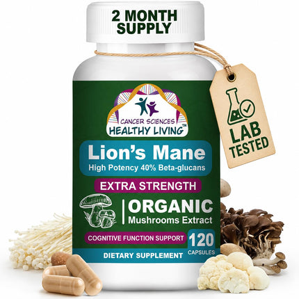 Organic Lions Mane Mushroom Supplement Capsules for Men & Women - 1,500mg Brain Supplements for Memory & Focus - High Potency 40% Beta-Glucans - Nootropic Mushroom Complex, 120 Count