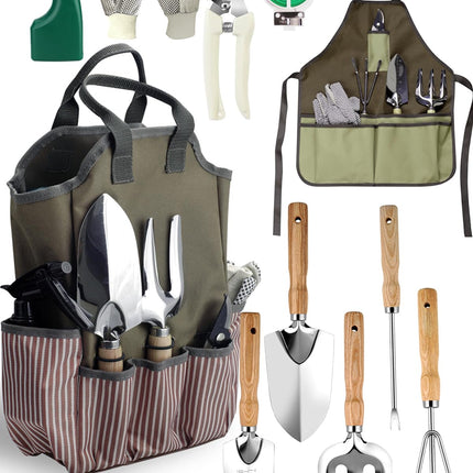 Garden Tools Set – 11-PCs Heavy Duty Gardening Kit, Stainless Steel Tools with Wooden Handles, Canvas Tote Bag, Gloves & Watering Can – Gardening Tools Gift for Women, Beginners, Patio & Backyard Use