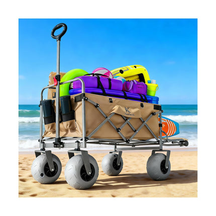 Kesfferch Beach Wagon with Big Wheels for Sand – 10" Balloon Tires & 450lb Heavy Duty Foldable Cart | Removable All-Terrain Design for Camping, Garden, Beach & Groceries