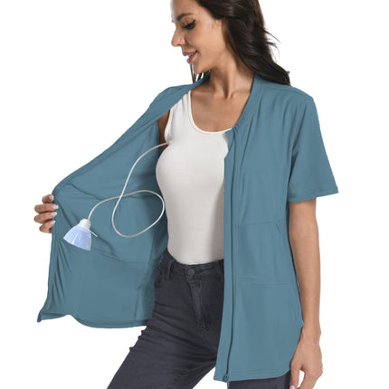 Mastectomy Shirt with Drain Pockets Breast Mastectomy Recovery Supplies Nephrostomy Drain Bag Tummy Tuck Must Haves Clothing Comfy Post OP Camisoles After Mastectomy Short Sleeve Shirts Peacock Blue