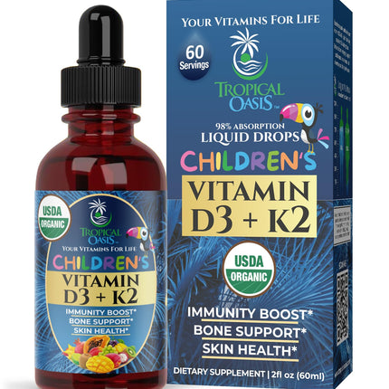 USDA Organic Vitamin D3 K2 Liquid Drops | Vitamin D3 K2 Supplement for Kids & Toddlers Ages 1+ | Kids Supplement for Calcium Absorption Strong Bones | Vegan, Non-GMO | 2 Fl Oz