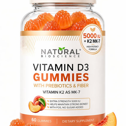 Sugar Free Vitamin D3 K2 Gummies 5000 IU + K2 MK7 80 mcg – Vitamin D Gummies for Adults with Prebiotics & Fiber – Supports Bones, Immune Health, Heart Health & Mood – Gluten Free, Natural Peach Flavor