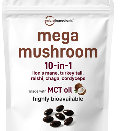 Micro Ingredients 10‑in‑1 Mega Mushroom Complex Supplement – Lions Mane, Cordyceps, Reishi, Chaga & More – 240 Softgels with MCT Oil – 4 Month Supply – Adaptogenic Functional Mushroom Blend